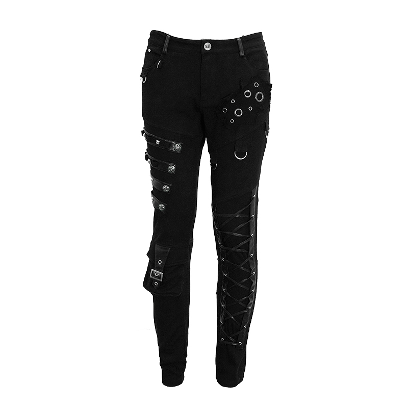 Men's black asymmetric pants with lacing, buckles, and studs in punk gothic style.