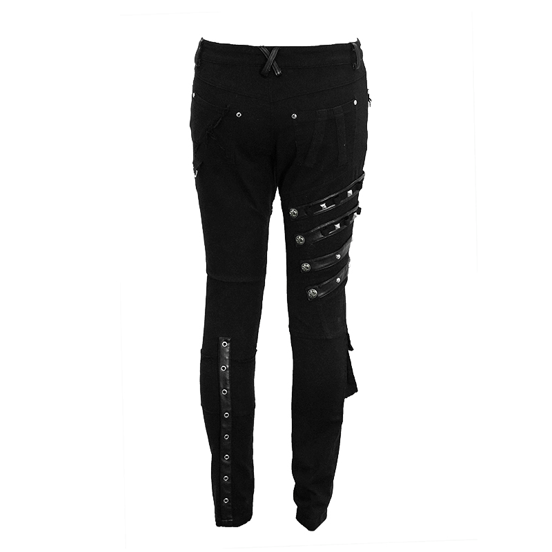 Men's black asymmetric punk jeans featuring lacing, buckles, and silver studs for a stylish look.