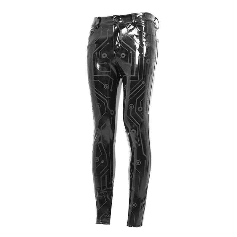 Men's Black Bright Pu Leather Skinny Pants / Cyberpunk Style Male Pencil Trousers - HARD'N'HEAVY
