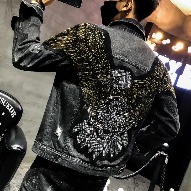 Men's Black Denim Jacket with Eagle on the Back / Male Denim Outerwear in Rock Style - HARD'N'HEAVY