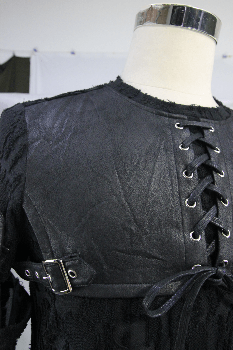 Men's Black Detachable Sleeves Top / Gothic T-Shirt with Leather Overlay / Alternative Clothing - HARD'N'HEAVY