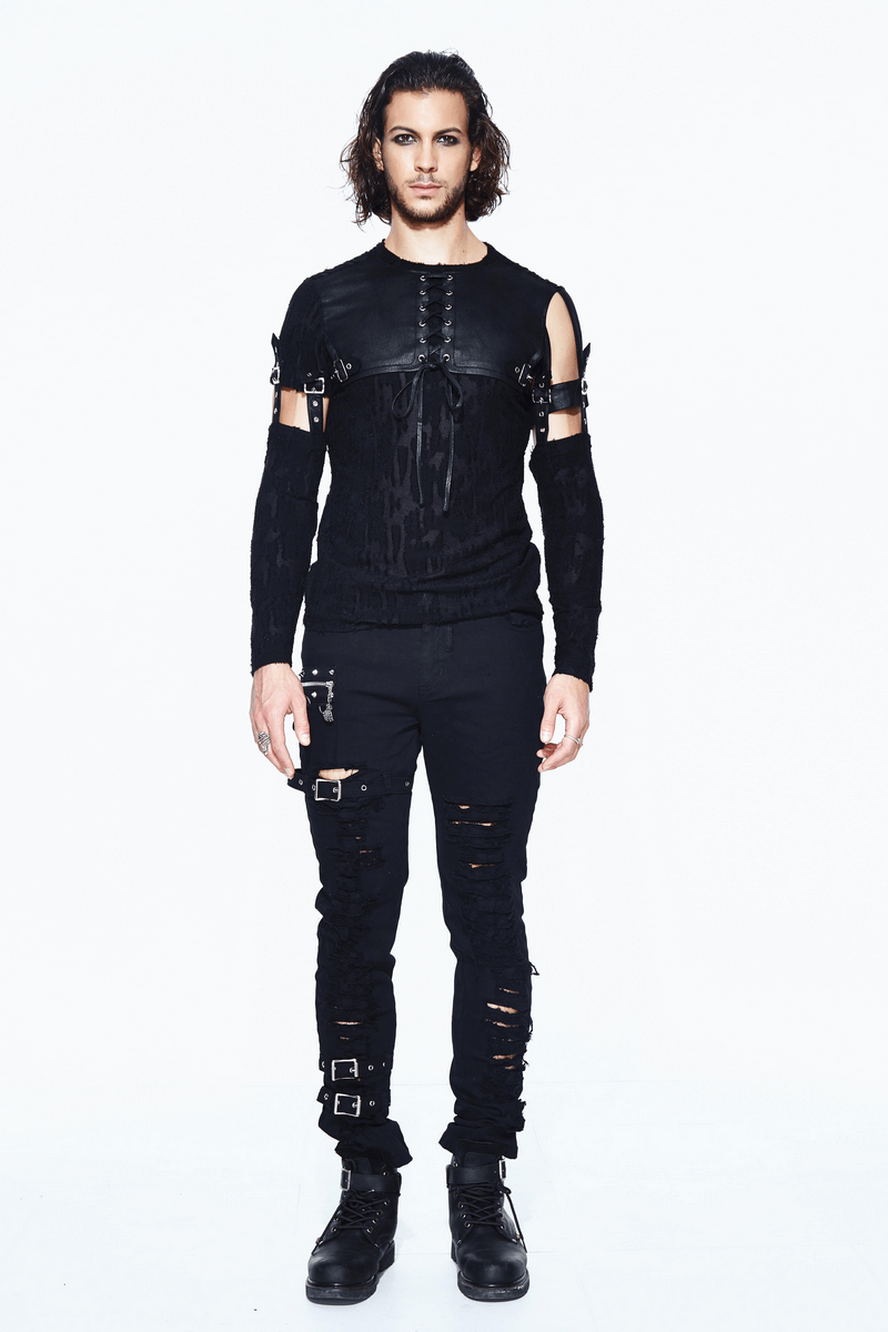 Men's Black Detachable Sleeves Top / Gothic T-Shirt with Leather Overlay / Alternative Clothing - HARD'N'HEAVY