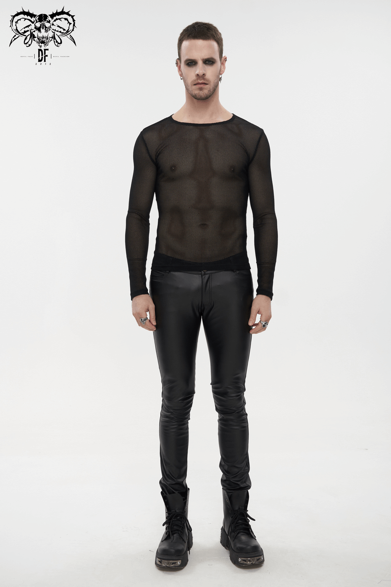 Men's Black Long-sleeved Sheer Hexagonal Diamond Mesh Top / Gothic Style Clothing - HARD'N'HEAVY