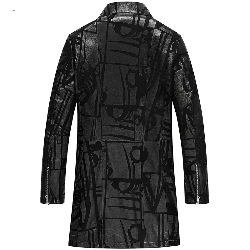 Men's Black Natural Leather trench coat with Print / Casual Autumn fitted outerwear of sheepskin - HARD'N'HEAVY