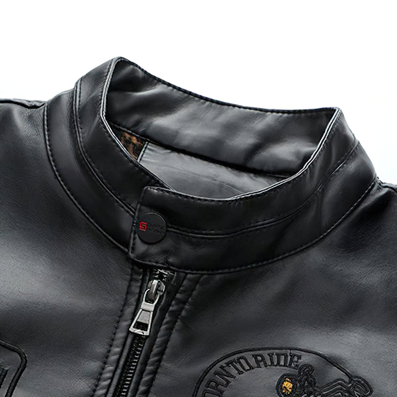 Men's Black PU Leather Embroidery Jacket With Stand Collar / Motorcycle Zipper Pockets Outwear - HARD'N'HEAVY