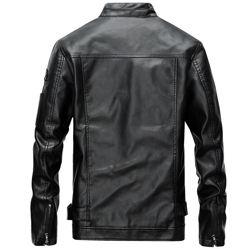 Men's Black PU Leather Embroidery Jacket With Stand Collar / Motorcycle Zipper Pockets Outwear - HARD'N'HEAVY