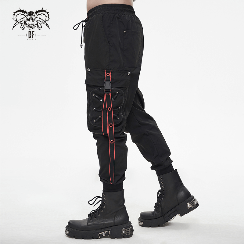 Men's Black Punk Long Cargo Trousers / Fashion Male Pants with Red Accents On Waist And Side Straps - HARD'N'HEAVY