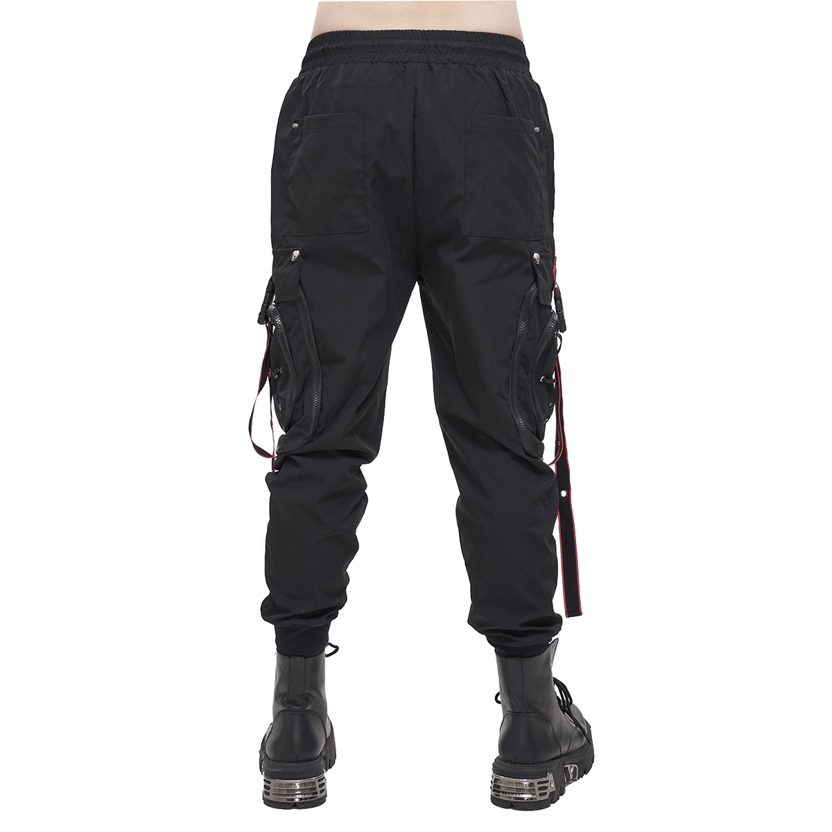 Men's Black Punk Long Cargo Trousers / Fashion Male Pants with Red Accents On Waist And Side Straps - HARD'N'HEAVY