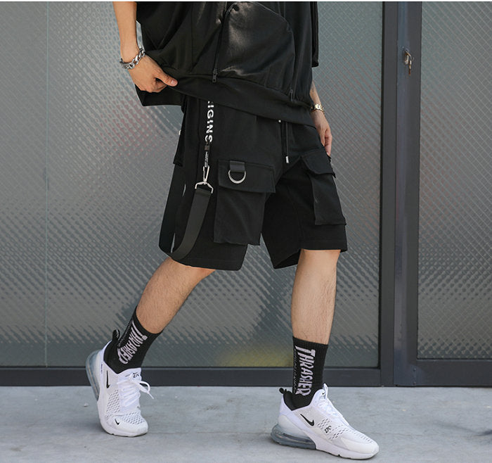 Men's Black Punk Shorts with Ribbons & Pockets / Streetwear Casual Knee Length Pants / Edgy clothing - HARD'N'HEAVY