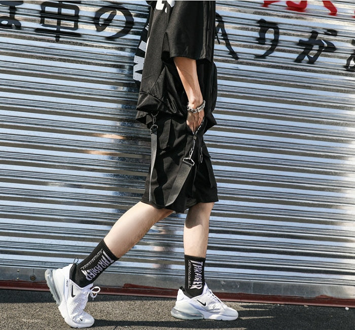 Men's Black Punk Shorts with Ribbons & Pockets / Streetwear Casual Knee Length Pants / Edgy clothing - HARD'N'HEAVY