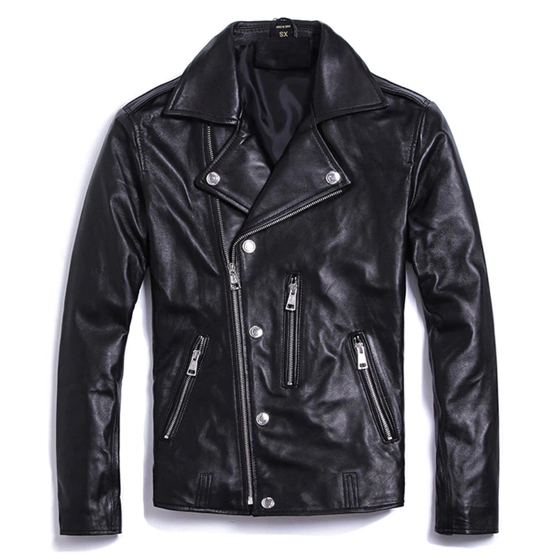 Men's Black Sheepskin Vintage Biker Jacket With Pockets / Genuine Leather Motorcycle Jackets - HARD'N'HEAVY