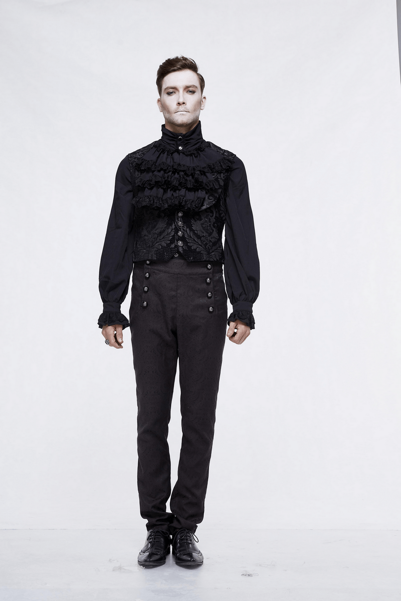 Men's Black Waistcoat With Tapestry Damask Pattern / Gothic Waistcoats with Buckle belt back - HARD'N'HEAVY