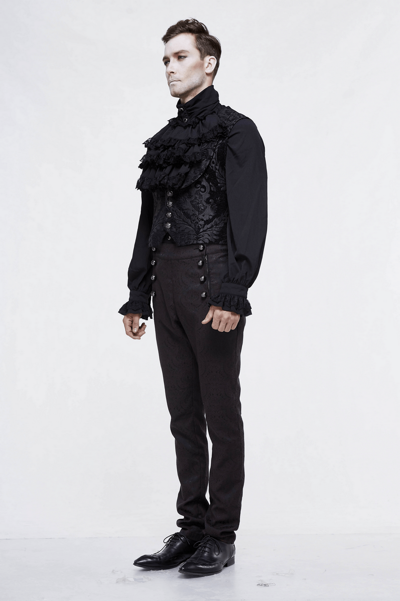 Men's Black Waistcoat With Tapestry Damask Pattern / Gothic Waistcoats with Buckle belt back - HARD'N'HEAVY
