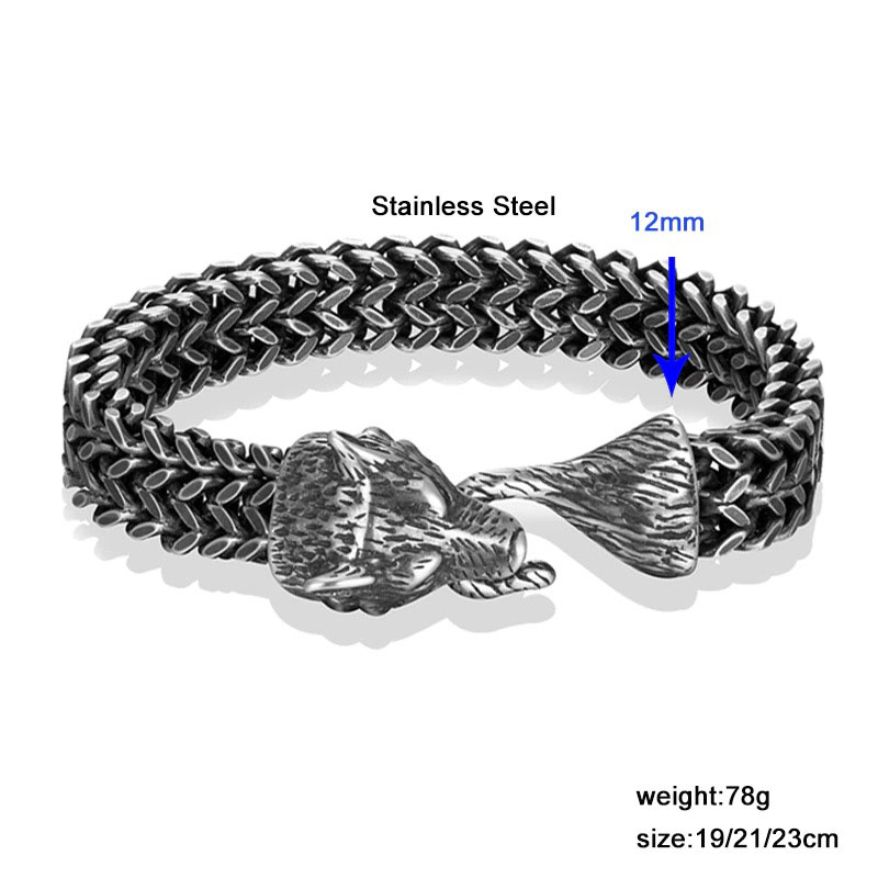Men's vintage stainless steel wolf head bracelet, featuring a unique chain design, measuring 12mm in width.