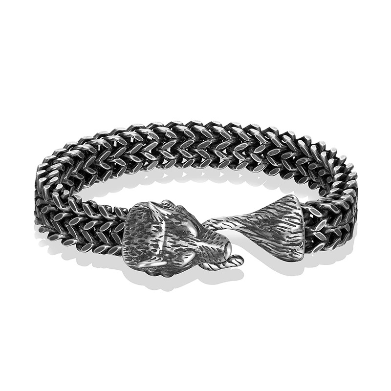 Men's vintage stainless steel bracelet featuring a wolf head pendant on a chain design, perfect for stylish outfits.