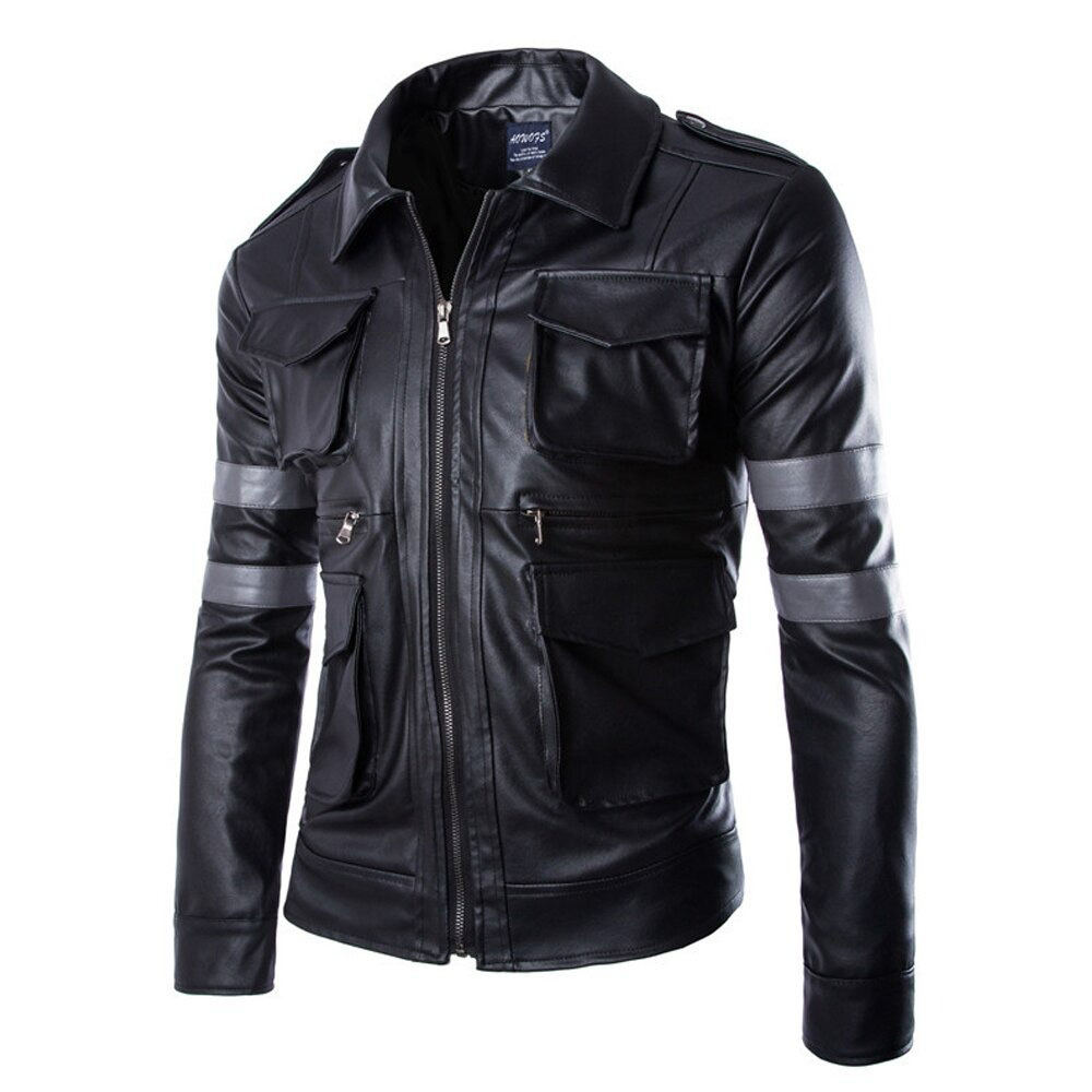 Men's Black Zipper Pu Leather Jacket / Multi-Pockets Motorcycle Jacket / Men's Biker Clothing - HARD'N'HEAVY