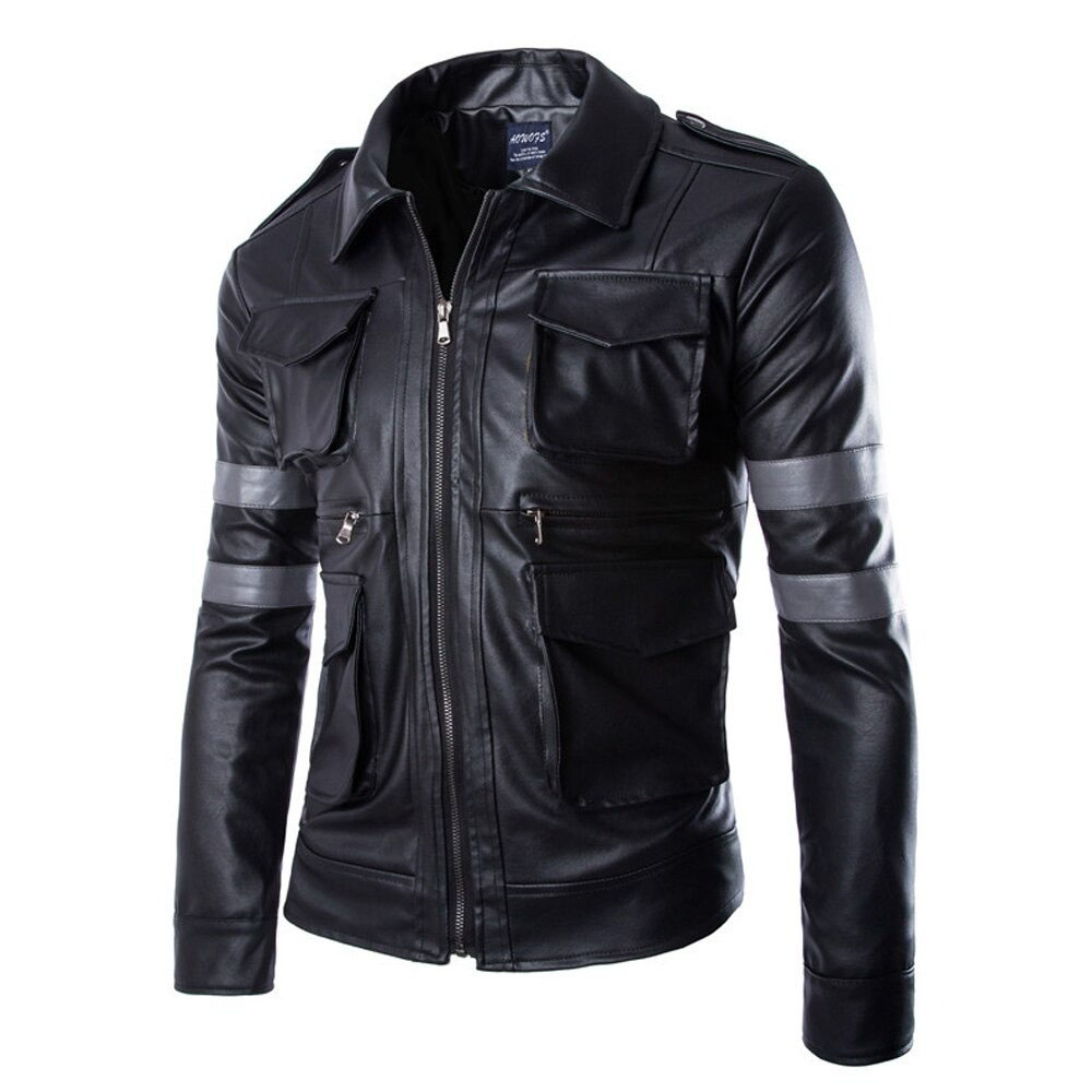 Men's black PU leather motorcycle jacket with multiple pockets and fitted design.