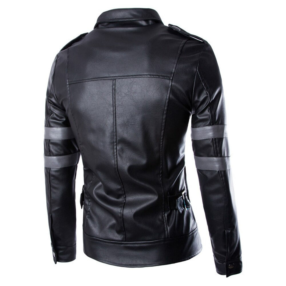 Men's black PU leather biker jacket showcasing stylish back view with multiple pockets and fitted design.