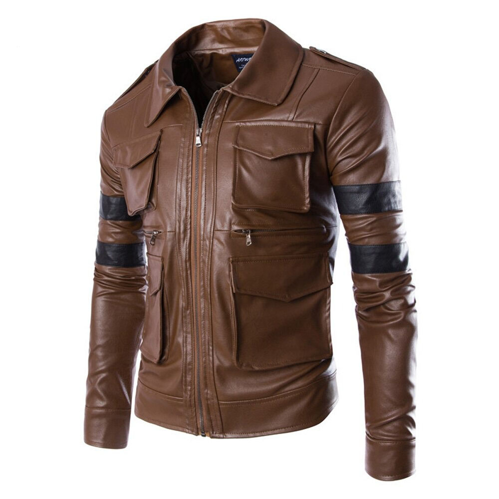 Men's brown PU leather biker jacket with multiple pockets and fitted style for a classic motorcycle look.