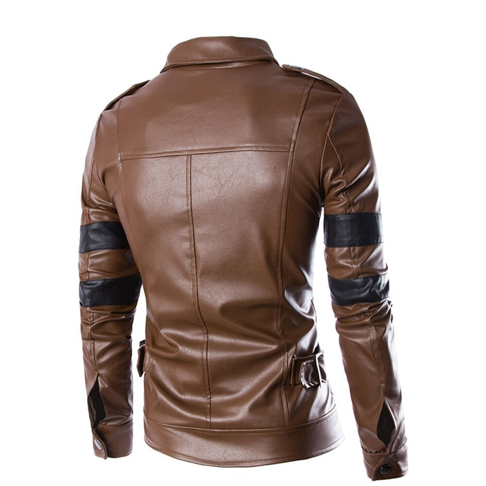 Men's brown PU leather motorcycle jacket featuring stylish stripes and a fitted design, perfect for bikers.