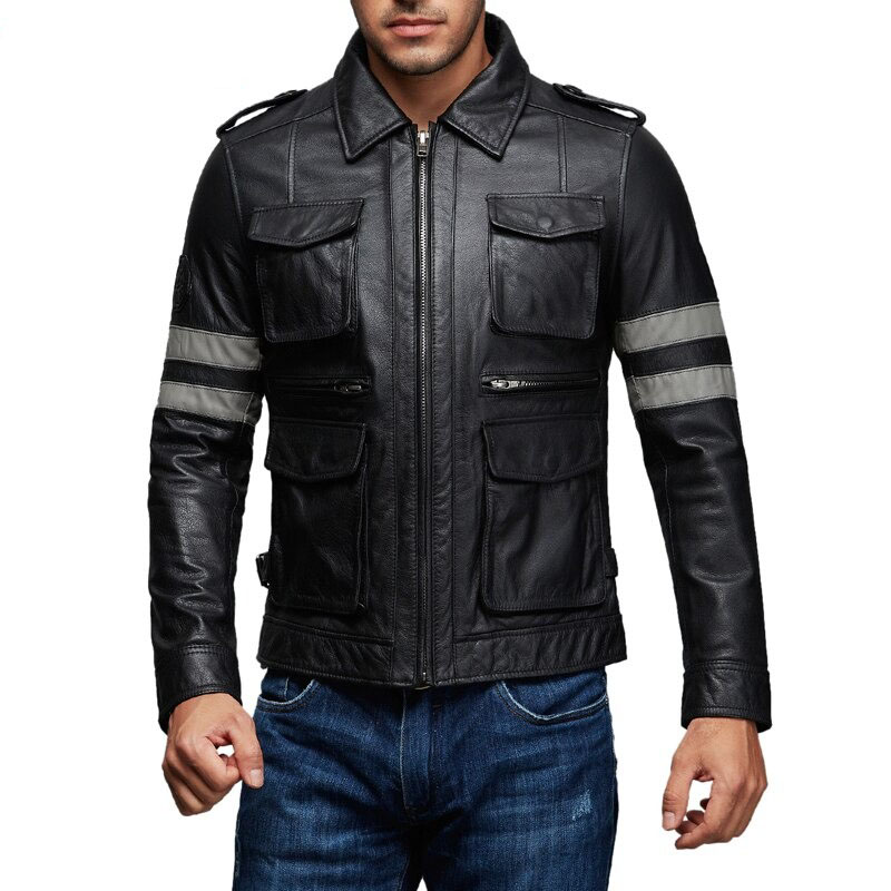 Men's black zipper PU leather motorcycle jacket with multi-pockets and fitted biker style.