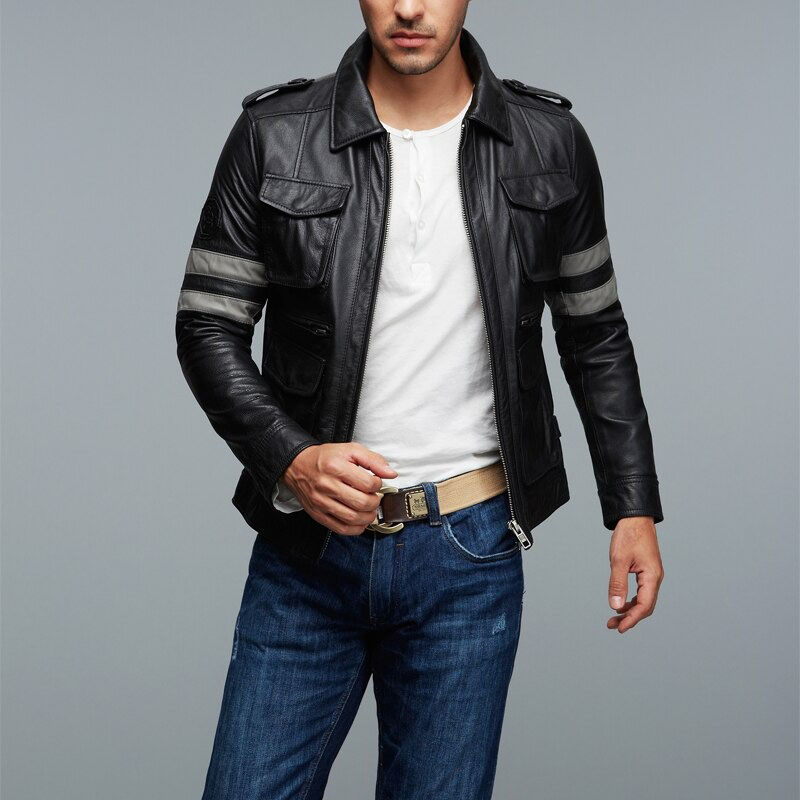 Men's black zipper PU leather motorcycle jacket with multi-pockets, stylish biker clothing for a fitted look.