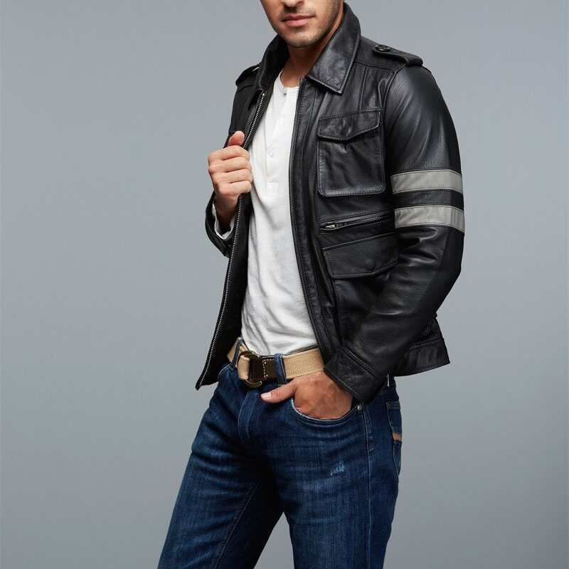 Men's black zipper PU leather jacket with multi-pockets, perfect for biker style and motorcycle adventures.