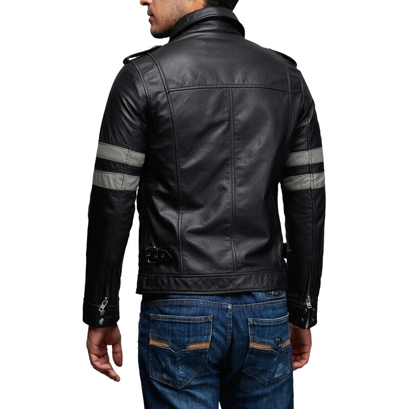 Men's black PU leather jacket with gray stripes, biker style, multi-pocket design, showcasing a fitted cut.