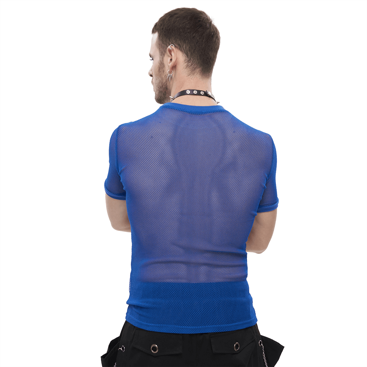 Men's Blue O-Neck Mesh T-Shirt / Punk Short-Sleeved Transparent T-Shirt / Alternative Fashion - HARD'N'HEAVY