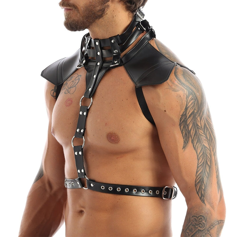 Men's body harness in faux leather with adjustable buckles and O-rings, showcasing a stylish halter neck design.