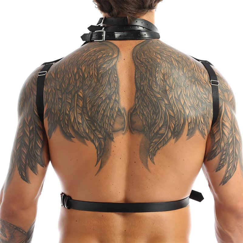 Men's faux leather body harness with adjustable buckles, highlighting shoulder tattoos and stylishly accentuating muscle tone.