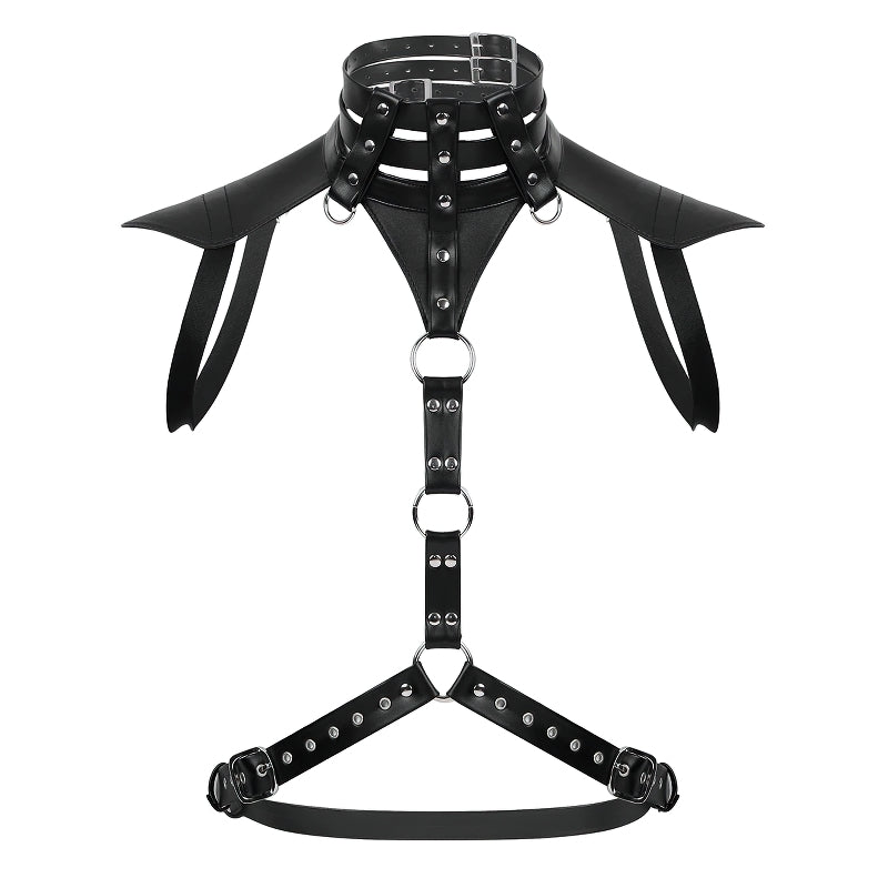 Men's faux leather body harness with adjustable straps, buckles, and O-rings for a stylish look.