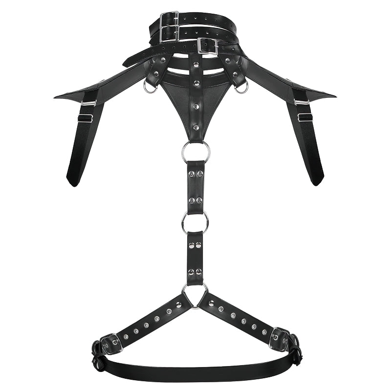 Men's faux leather body harness with adjustable buckles and O-rings for a stylish lingerie look.