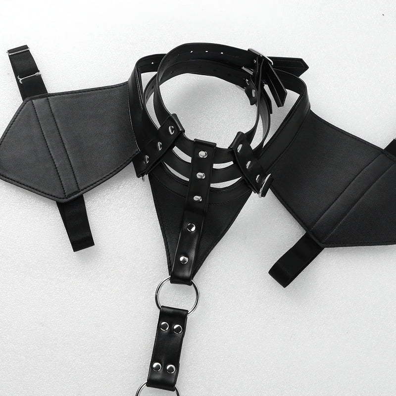 Men's faux leather body harness with adjustable straps and O-rings, perfect for stylish lingerie looks.