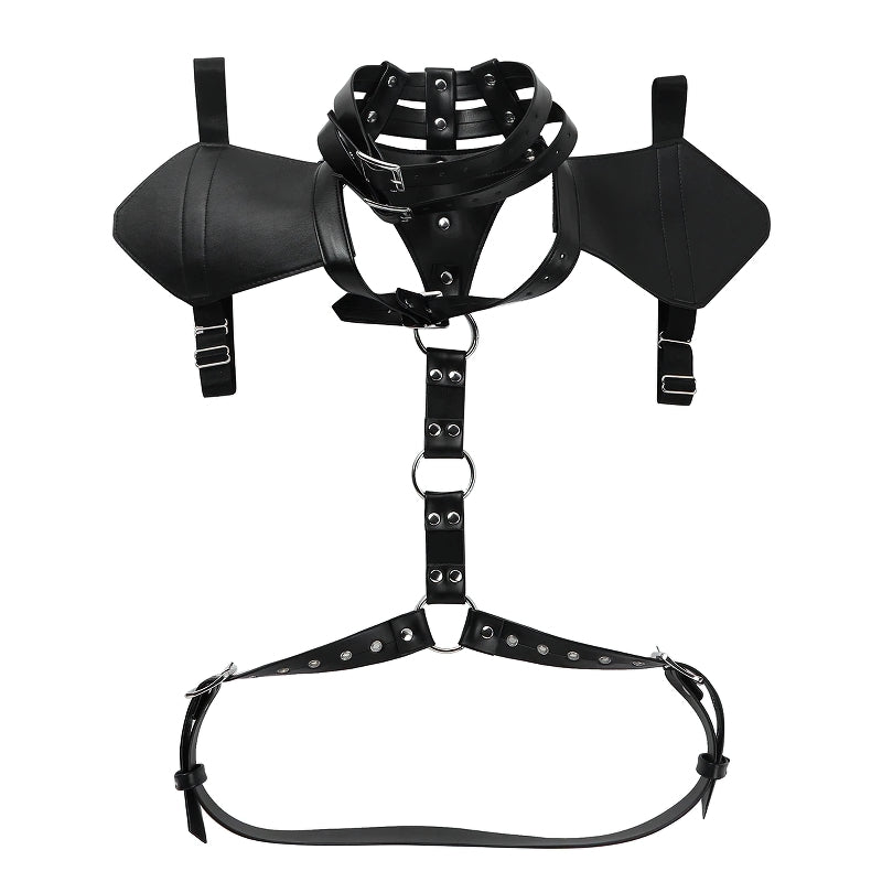 Men's faux leather body harness with adjustable buckles and O-rings for stylish lingerie look.