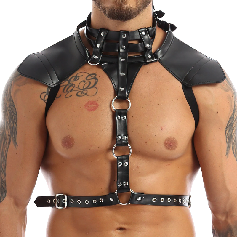 Men's black faux leather body harness with adjustable buckles and O-rings for a bold look.