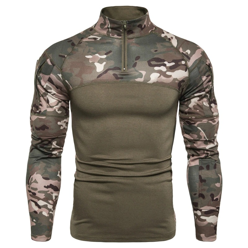 Men's camouflage tactical sweatshirt with long sleeves and zip collar, perfect for military style and alternative fashion.