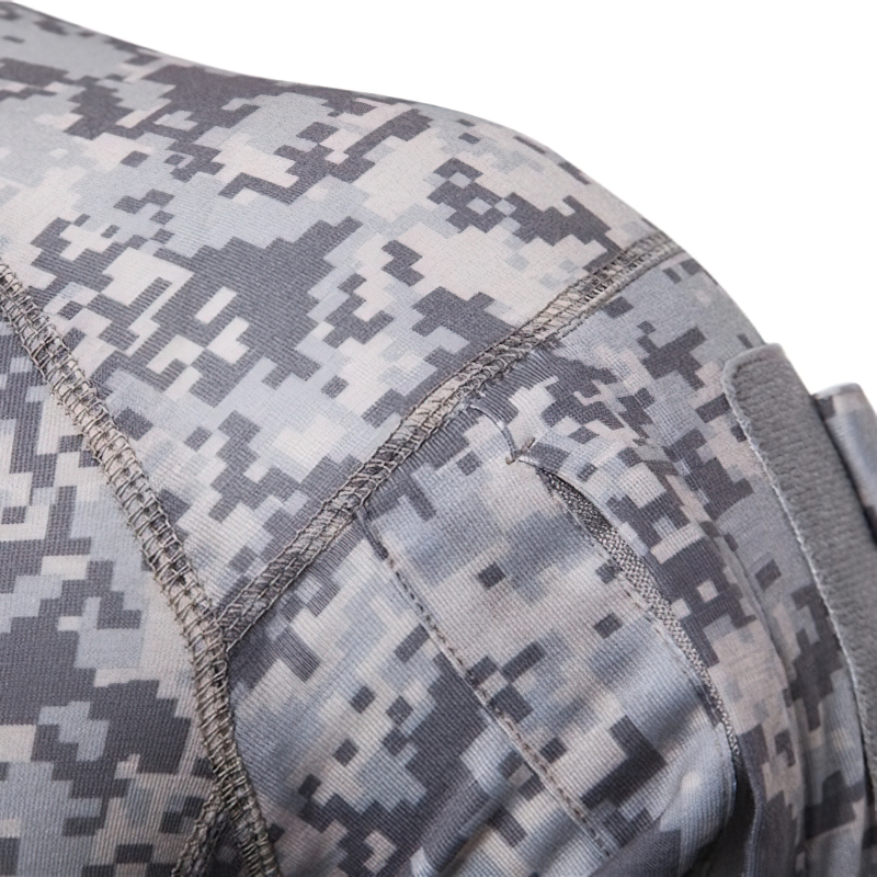 Close-up of men's camouflage tactical military sweatshirt showing stylish print and quality stitching.