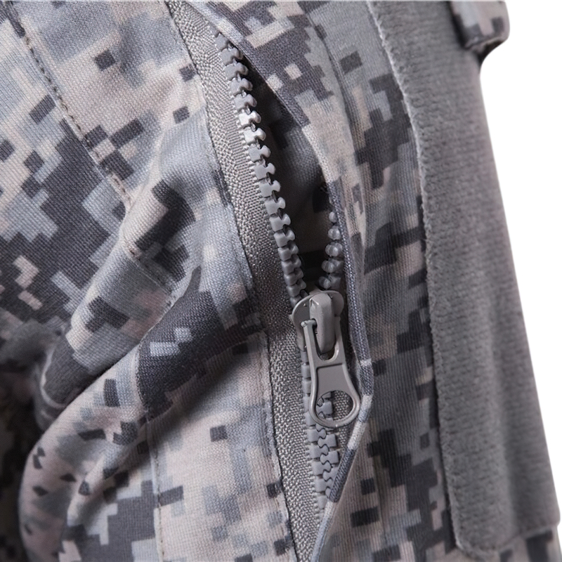 Close-up of men's camouflage tactical sweatshirt zipper detail, showcasing military design and stylish pattern.