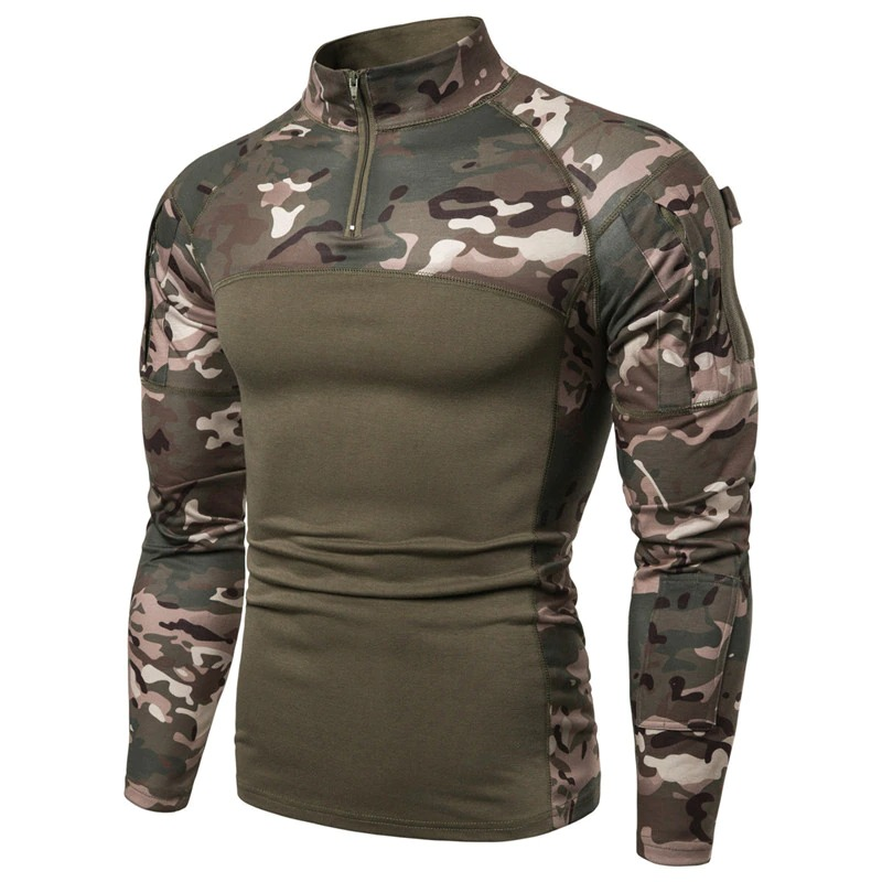Men's camouflage tactical military sweatshirt, long sleeve with a stylish, tight-fitting cut, perfect for combat or alternative fashion.