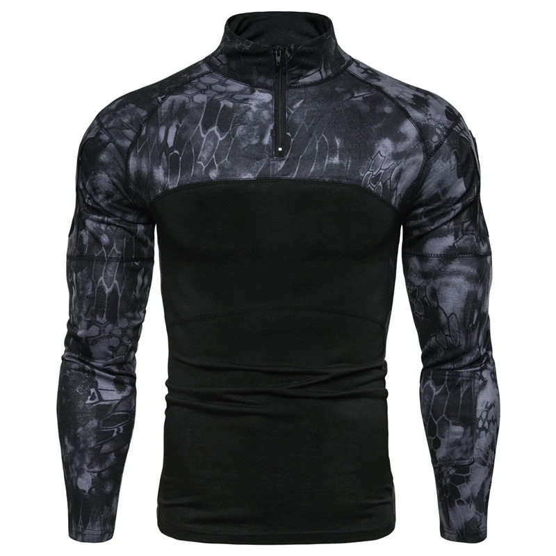 Men's camouflage tactical sweatshirt with a stylish tight-fitting design and zip collar in black and gray.