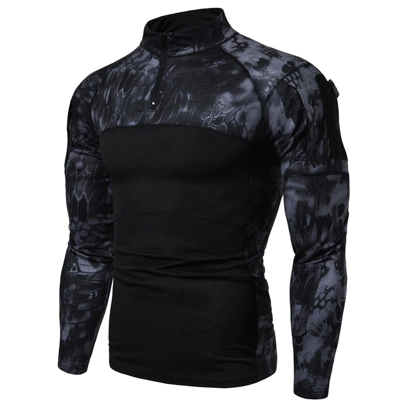 Men's camouflage tactical military sweatshirt in dark tones, perfect for combat clothing and alternative fashion.