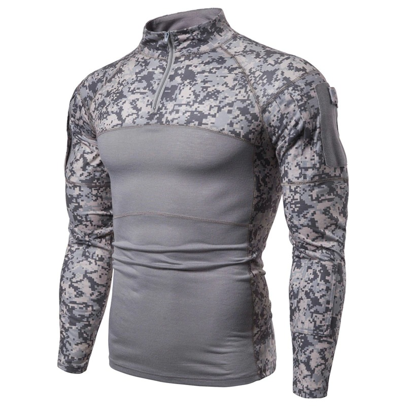 Men's camouflage tactical sweatshirt in grey with a zip neck, designed for a fitted look and military-style comfort.