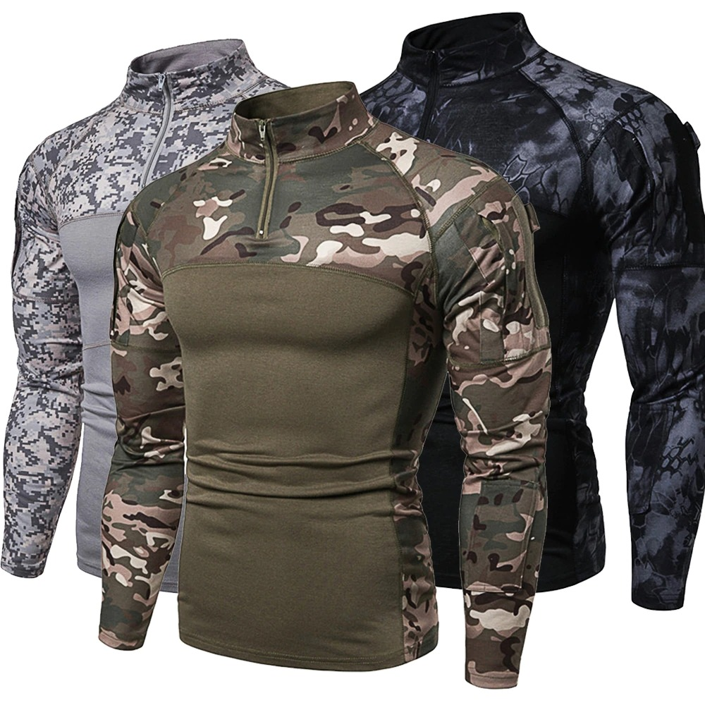 Men's camouflage tactical sweatshirts in long sleeve for combat and alternative fashion, showcasing stylish military designs.