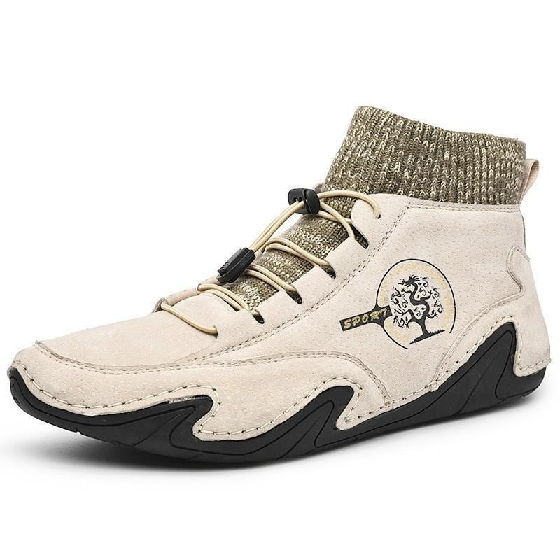 Men's stylish casual sneakers in beige with unique design and knit collar for breathable comfort.