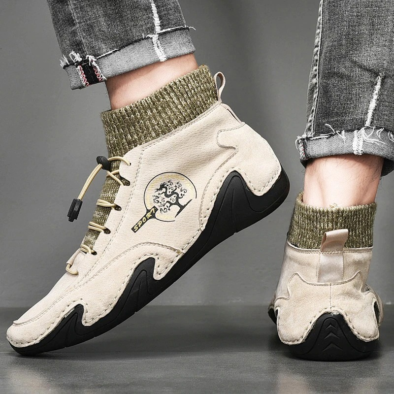 Men's beige high-top sneakers with green knit collar, perfect for casual outings and stylish comfort.