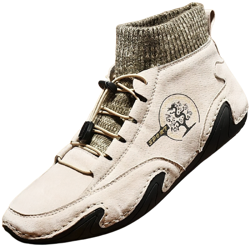 Men's casual sneakers in beige PU leather with knit ankle, stylish and breathable running footwear.