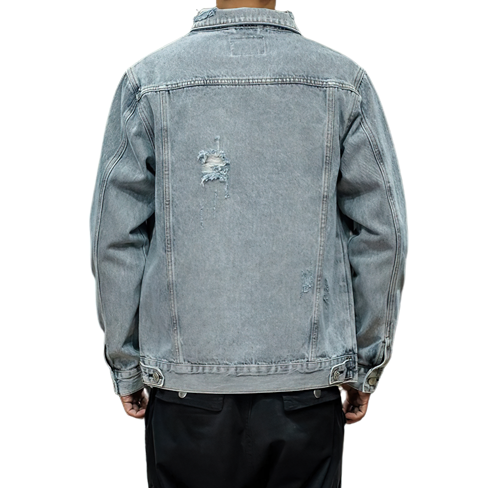 Men's retro denim bomber jacket with distressed details, perfect for alternative fashion and casual outfits.
