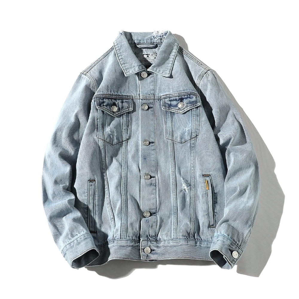 Men's denim retro bomber jacket with pockets, perfect for vintage style and casual outfits.