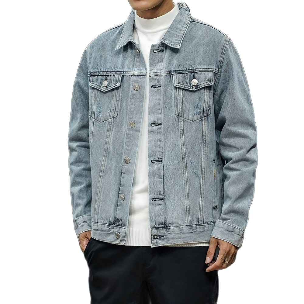 Men's denim retro bomber jacket with pockets, perfect for casual and vintage-inspired outfits.